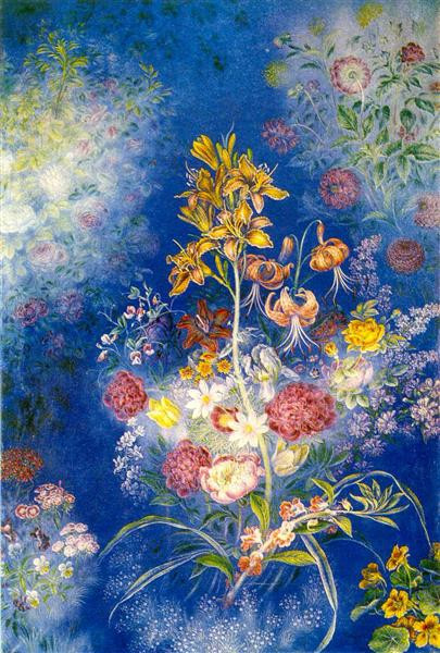 Bunte Blumen vor blauem Hintergrund in einem impressionistischen Stil gemalt.